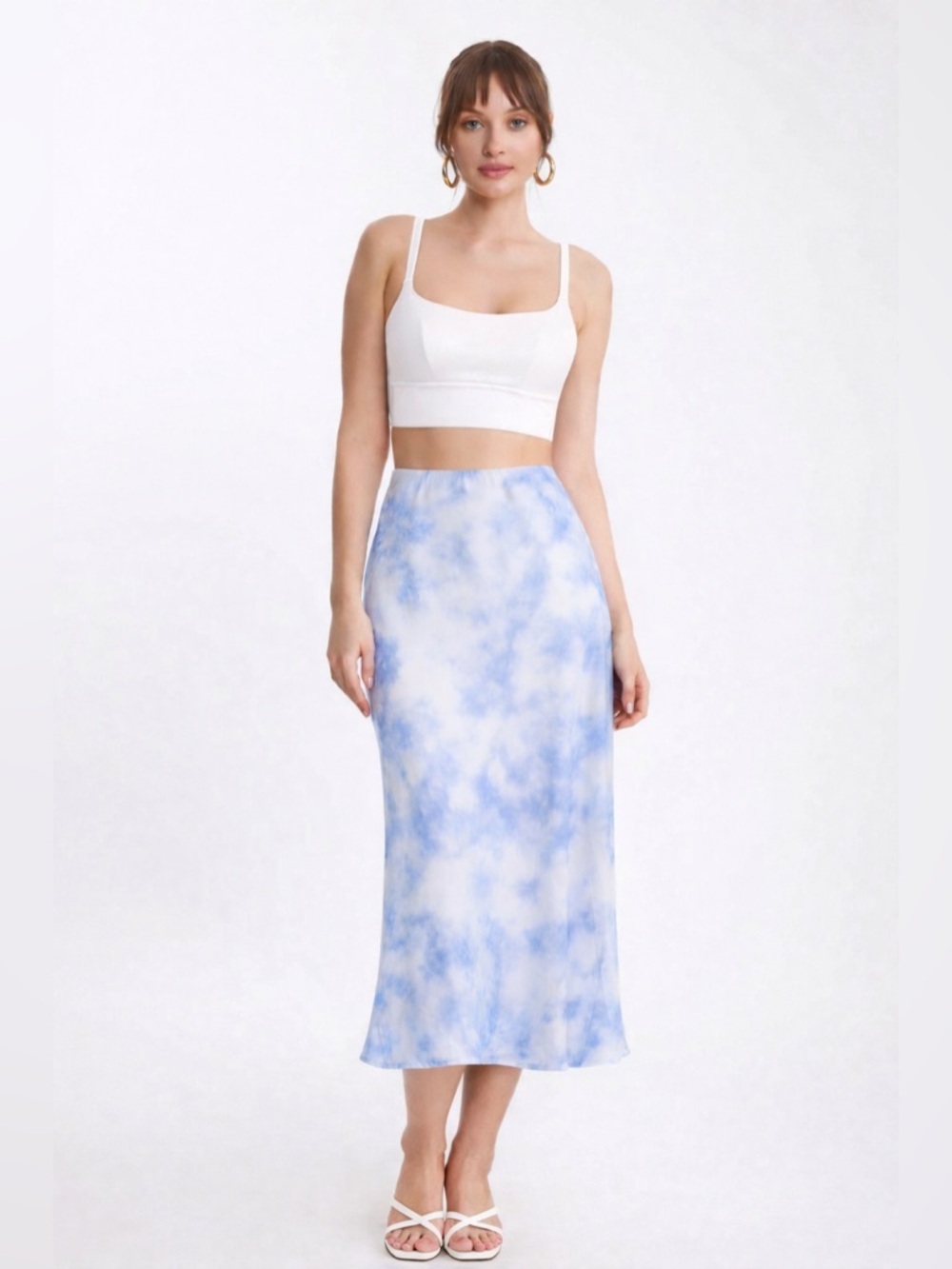 Black Tape Blue Tie Dye Satin Midi Skirt Size S